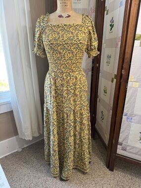 Max Studio Yellow Floral Smocked Maxi Dress Cottagecore Puff Sleeve M